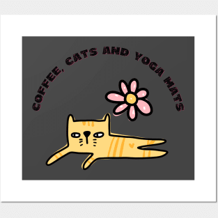 Coffee cats and yoga mats funny yoga and cat drawing Posters and Art